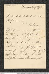Nachlass Franz Steindachner, Brief von Max Schindler an das k.k. naturhistorische Hofmuseum (23.08.1911), Inv.Nr. 453.01, Seite 1